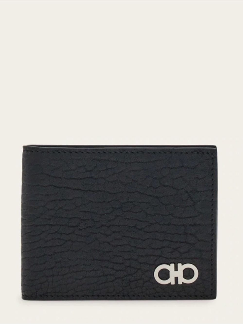 Salvatore Ferragamo Black Textured Leather Bi-fold Wallet with Silver Gancini